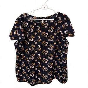 Banana Republic navy blue blouse with florals, button on back and layered sleeve